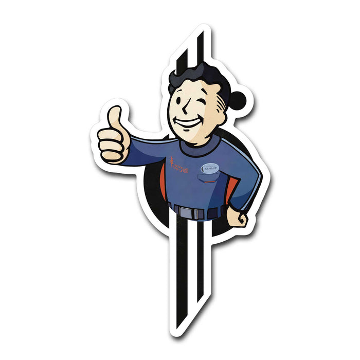 Pip-Boy Sammie die-cut vinyl sticker, Star Wars Galactic Starcruiser / Fallout-inspired design on white background.