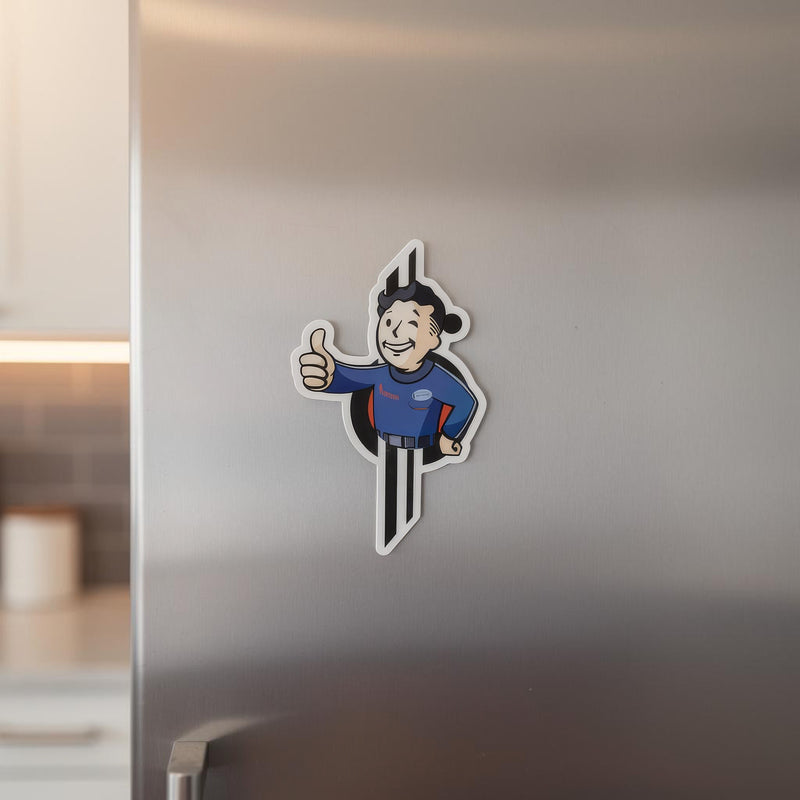 pipboy sammie magnet displayed on stainless steel refrigerator great starcruiser themed kitchen decor