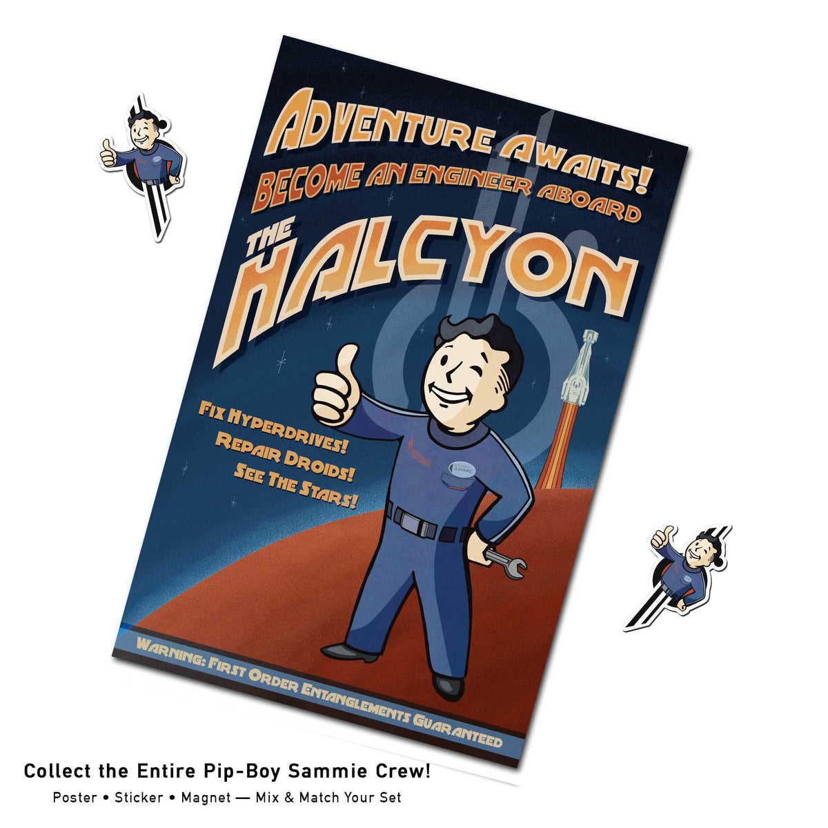 Pip-Boy Sammie poster, sticker, and magnet flat-lay set showing the full Star Wars Halcyon-inspired collection.
