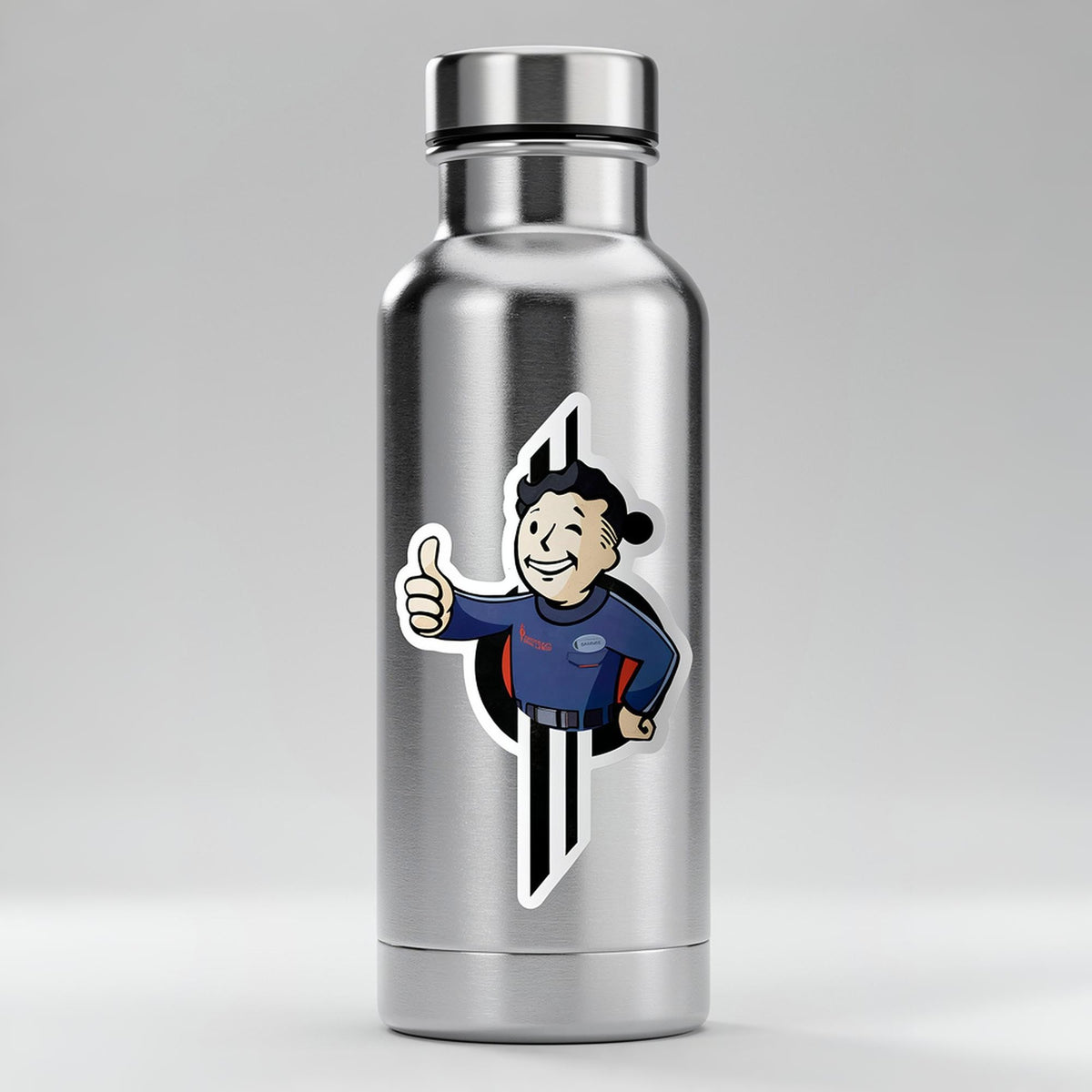 Pip-Boy Sammie die-cut sticker applied to a stainless-steel water bottle, Star Wars Halcyon-themed accessory.