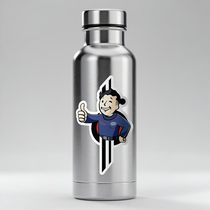 Pip-Boy Sammie die-cut sticker applied to a stainless-steel water bottle, Star Wars Halcyon-themed accessory.