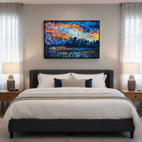 Abstract coastal canvas artwork Pixie Cove styled above a bed in a serene bedroom