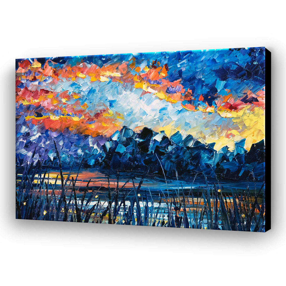 Abstract coastal landscape canvas print Pixie Cove with layered blues and sunset tones