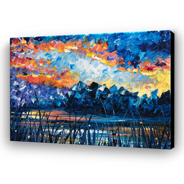 Abstract coastal landscape canvas print Pixie Cove with layered blues and sunset tones