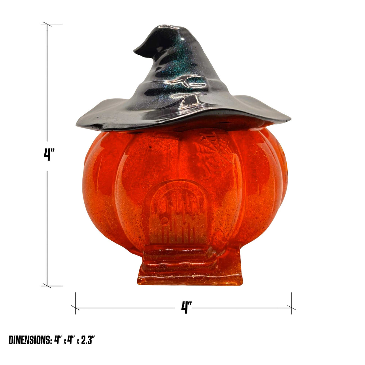 Glass pumpkin jar Halloween decor with size dimensions shown