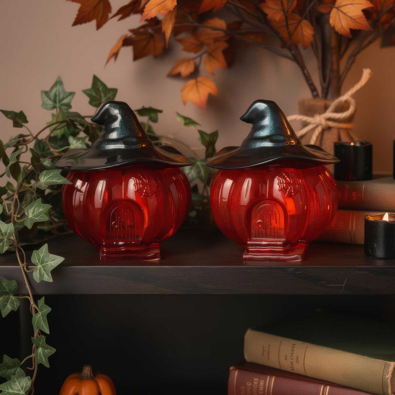 Pumpkin jar Halloween decor styled on autumn shelf display