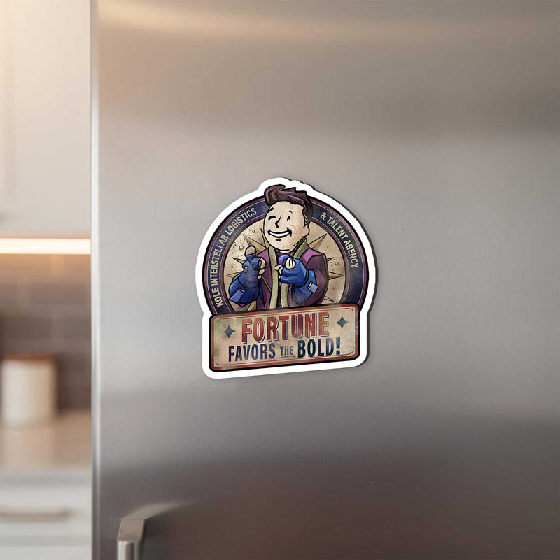 Fortune Favors the Bold Raithe Kole magnet displayed on a refrigerator