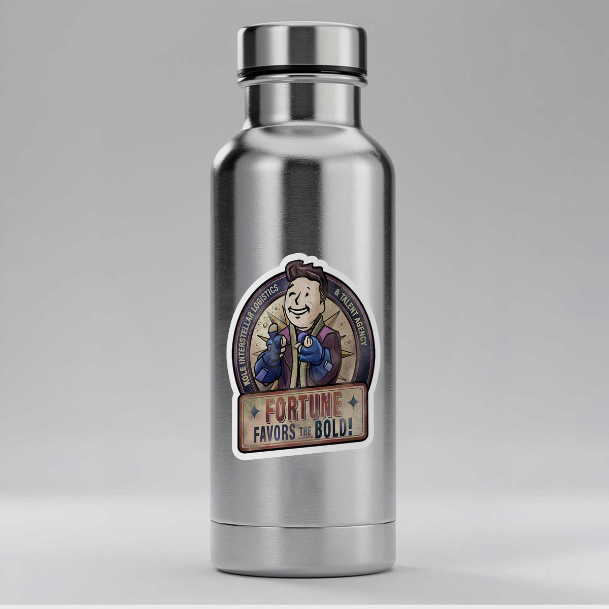Fortune Favors the Bold Raithe Kole sticker displayed on a metal water bottle