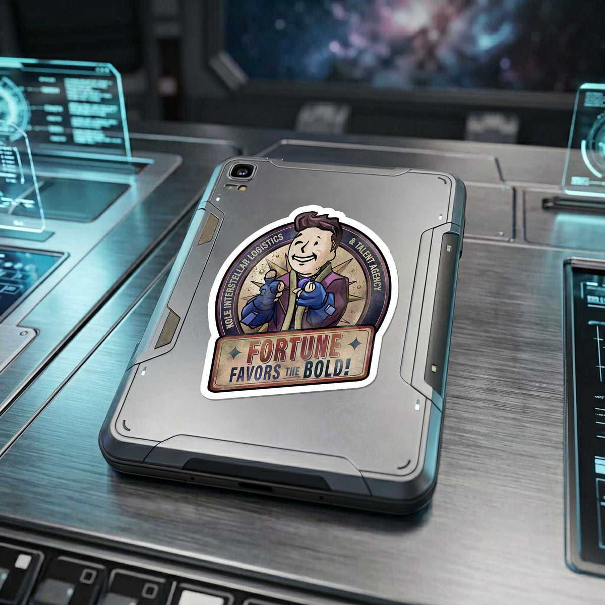 Fortune Favors the Bold Raithe Kole sticker displayed on a sci-fi datapad