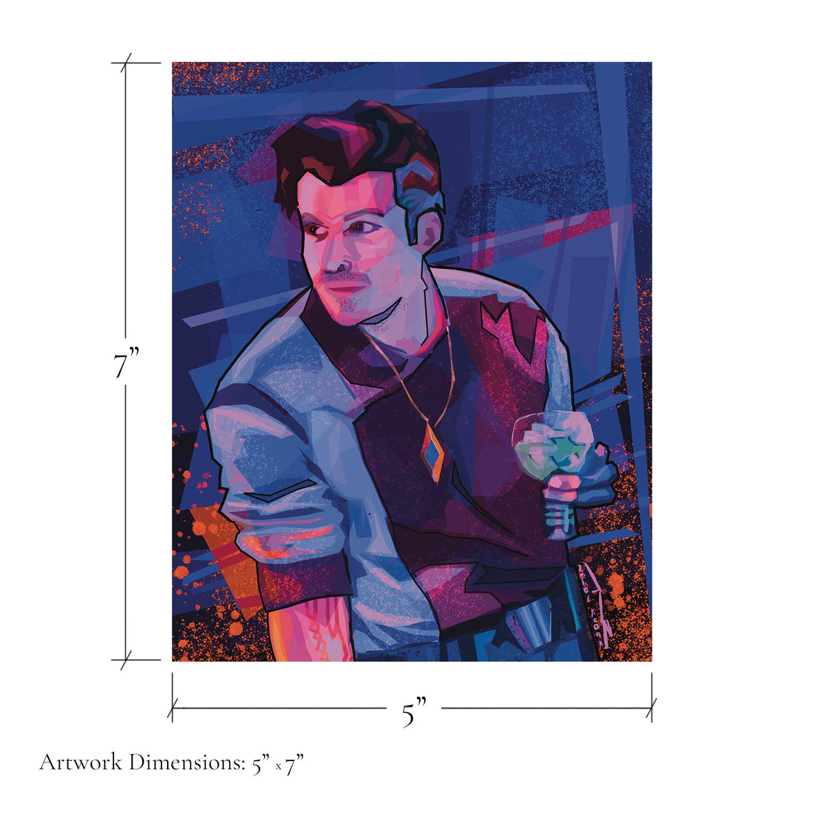 Dimensions graphic showing Rogue Vibes Raithe Kole Galactic Starcruiser art print size at 5 x 7 inches