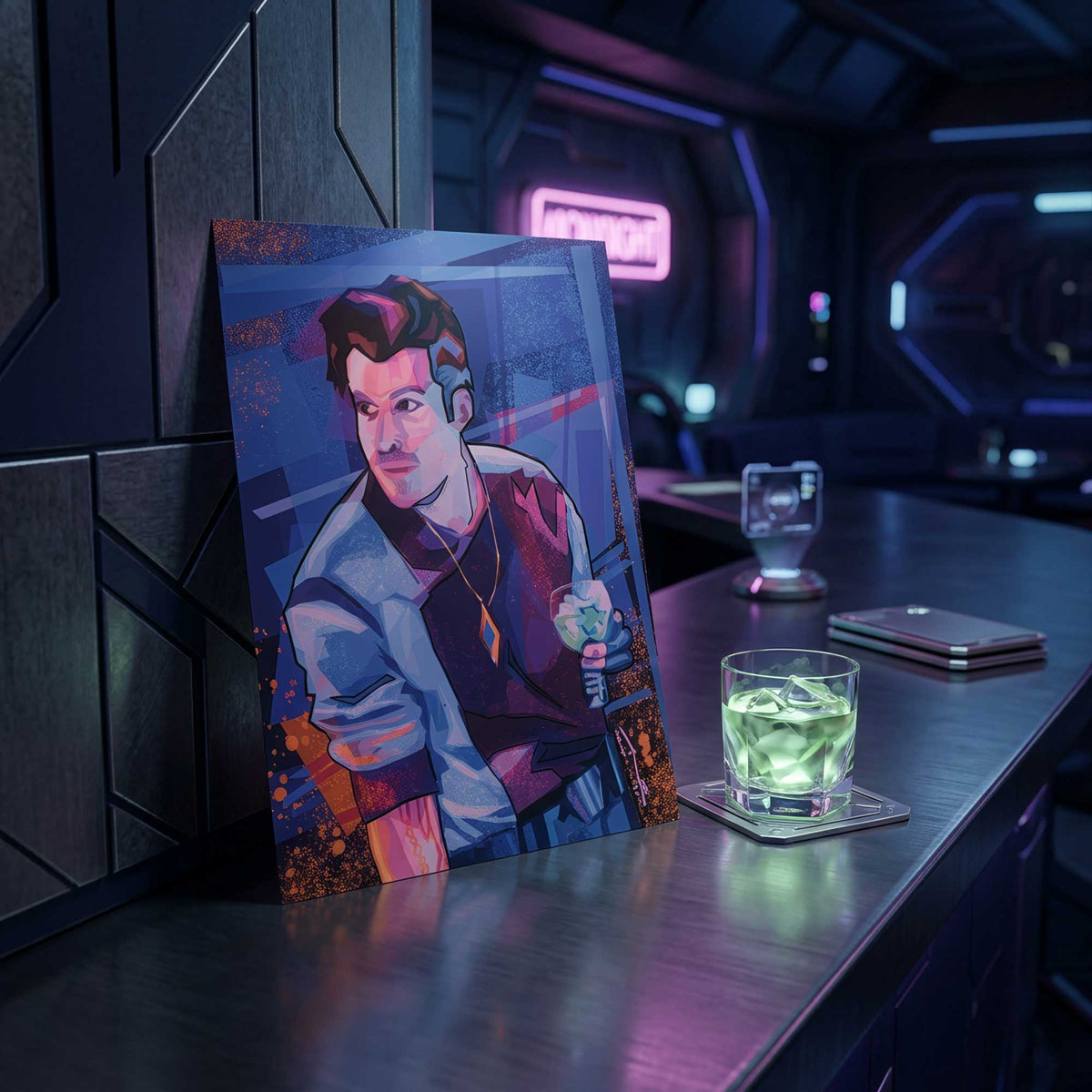 Rogue Vibes Raithe Kole Halcyon Starcruiser scoundrel character art print displayed in futuristic sci fi lounge bar with cocktail