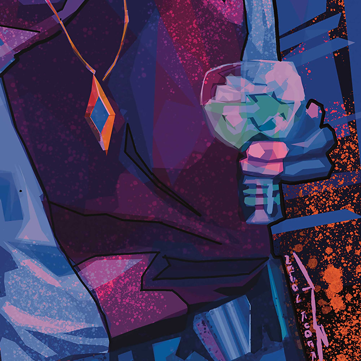 close detail of Rogue Vibes Raithe Kole geometric impressionist character artwork