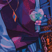 close detail of Rogue Vibes Raithe Kole geometric impressionist character artwork