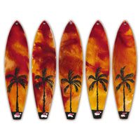 multiple hand painted santa’s getaway surfboard ornaments showing variation