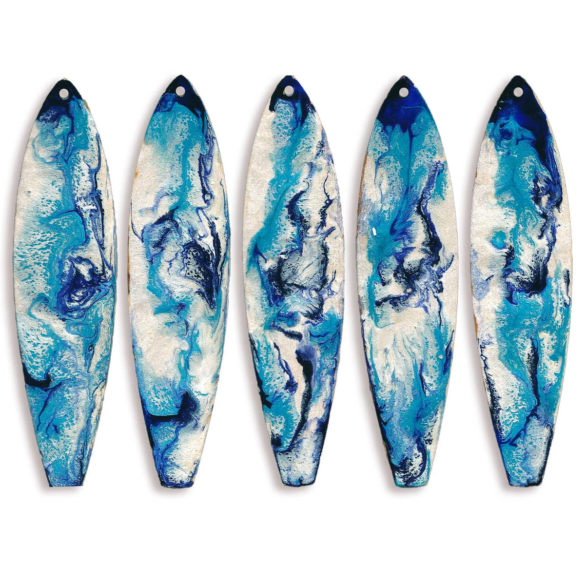 A collection of 5 variants of sea spray holiday surfboard ornaments