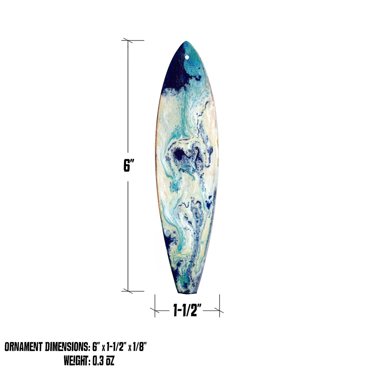 Sea foam and ocean blues hand painted on a wooden surfboard measuring 6 inches by 1.5 inches.