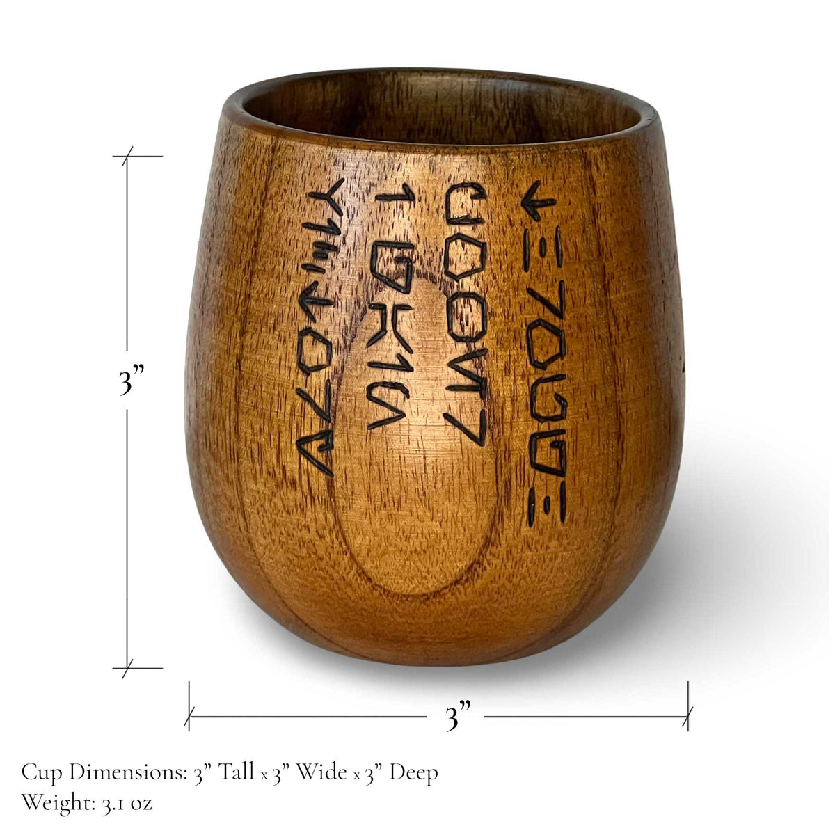 Sith Code Kar’tam Cup dimensions showing 3 inch tall handcrafted wooden ritual cup