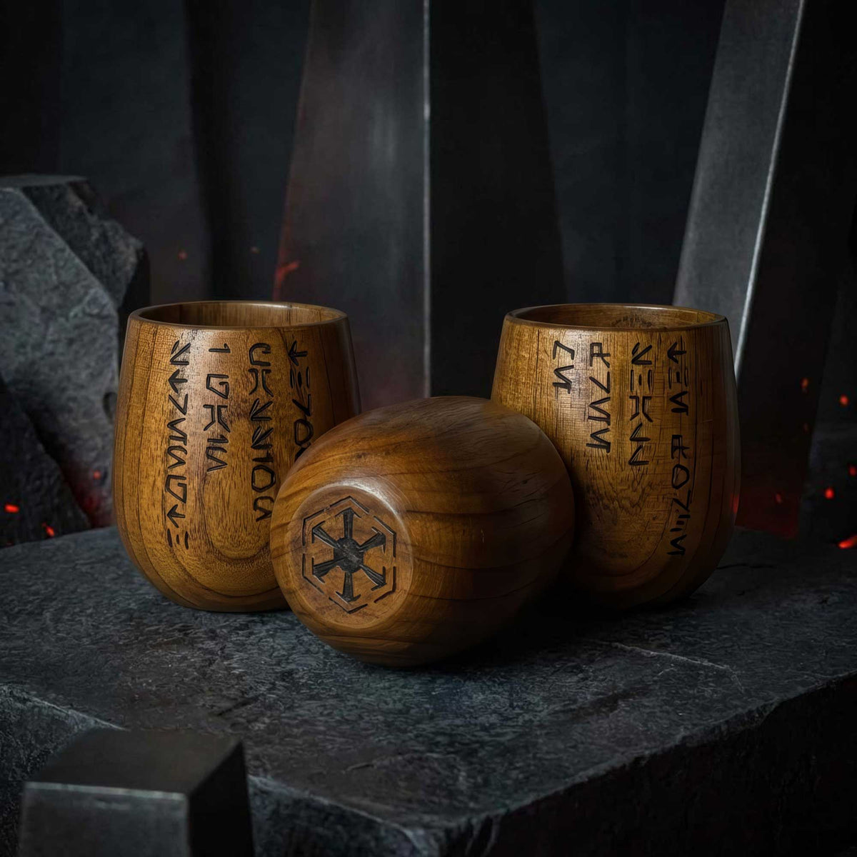 Sith Code Kar’tam Cups arranged in a dark ritual setting inspired by the Sith and the Star Wars universe