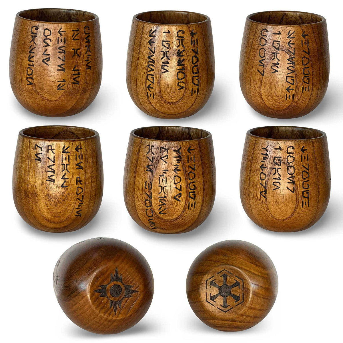 Multiple Sith Code Kar’tam Cups displaying different Aurebesh tenets burned into handcrafted wood