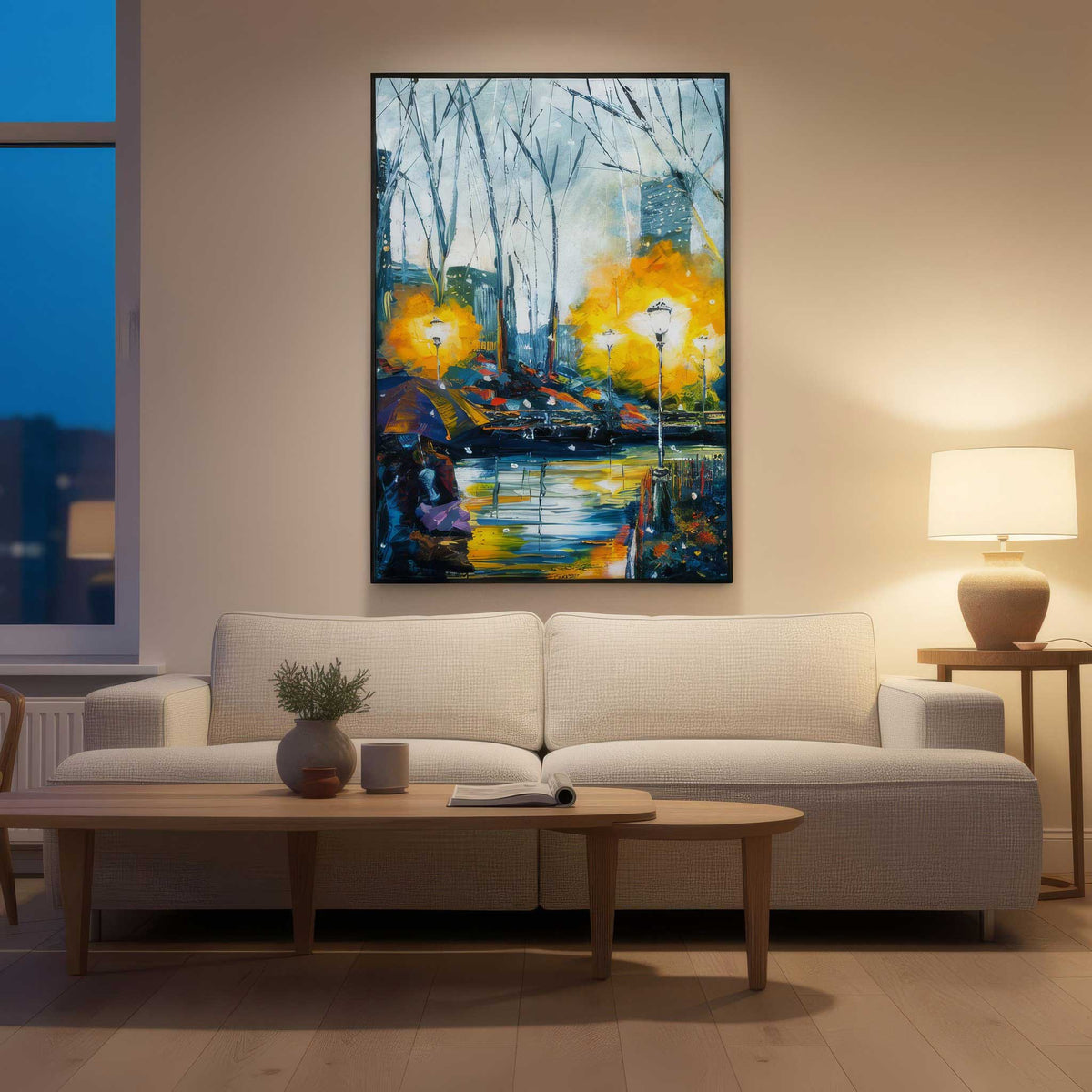 City night canvas art displayed in a cozy living room with warm evening lighting