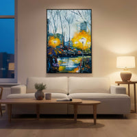 City night canvas art displayed in a cozy living room with warm evening lighting