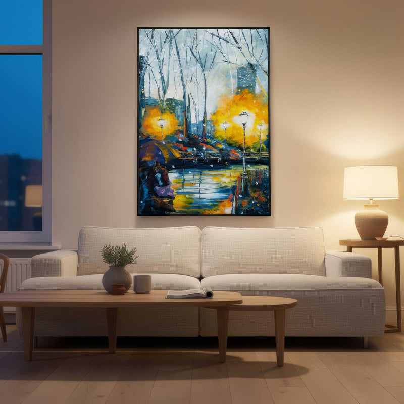 City night canvas art displayed in a cozy living room with warm evening lighting