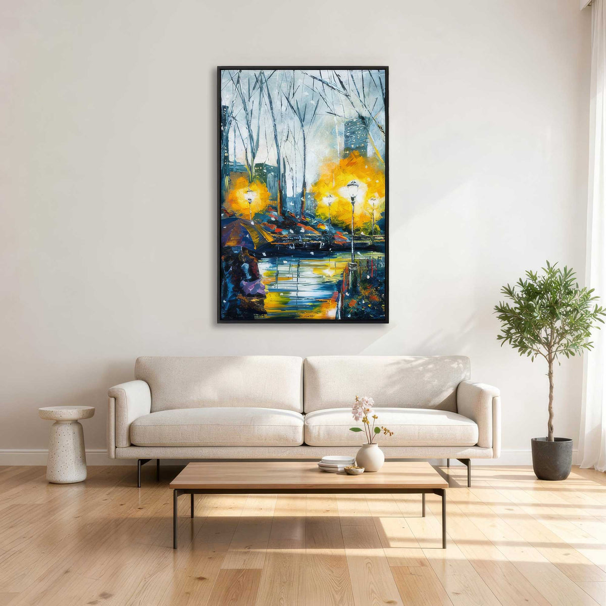City night canvas artwork displayed above sofa in a modern living room