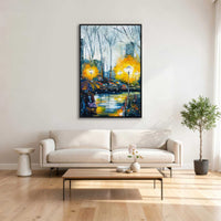 City night canvas artwork displayed above sofa in a modern living room