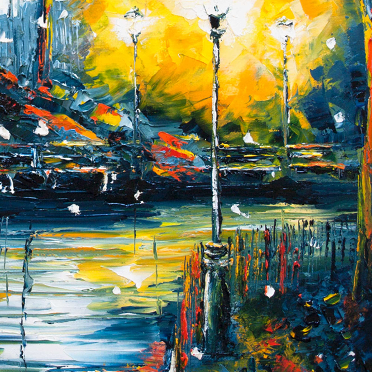 Detail of glowing streetlights and reflections in city park night artwork