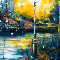 Detail of glowing streetlights and reflections in city park night artwork