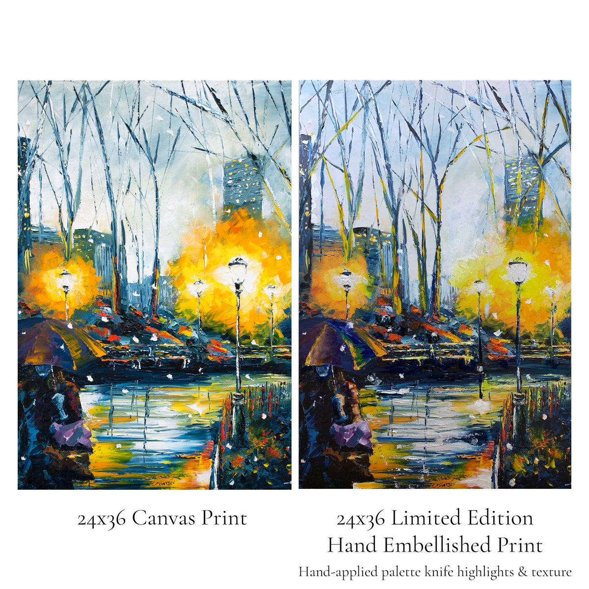 Comparison of standard canvas print and hand-embellished limited edition city night artwork
