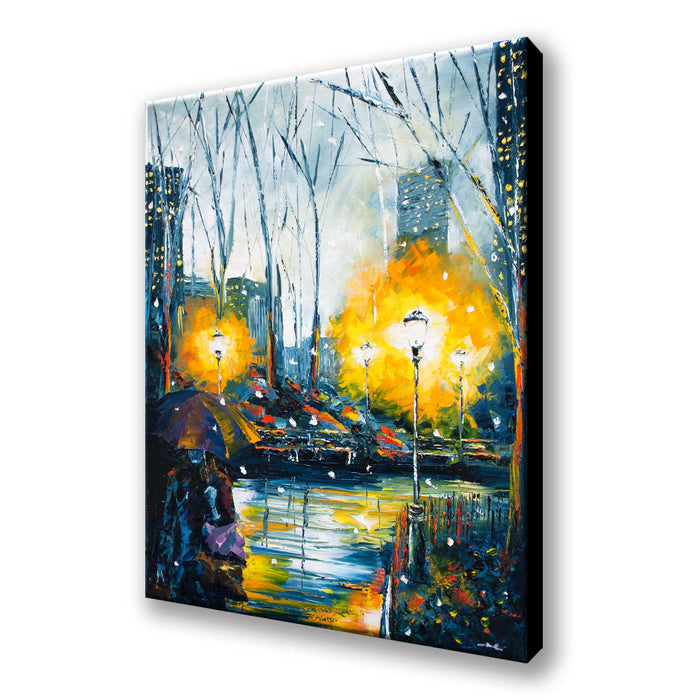 City night canvas artwork with glowing streetlights and reflective water by Nelson Ruger

