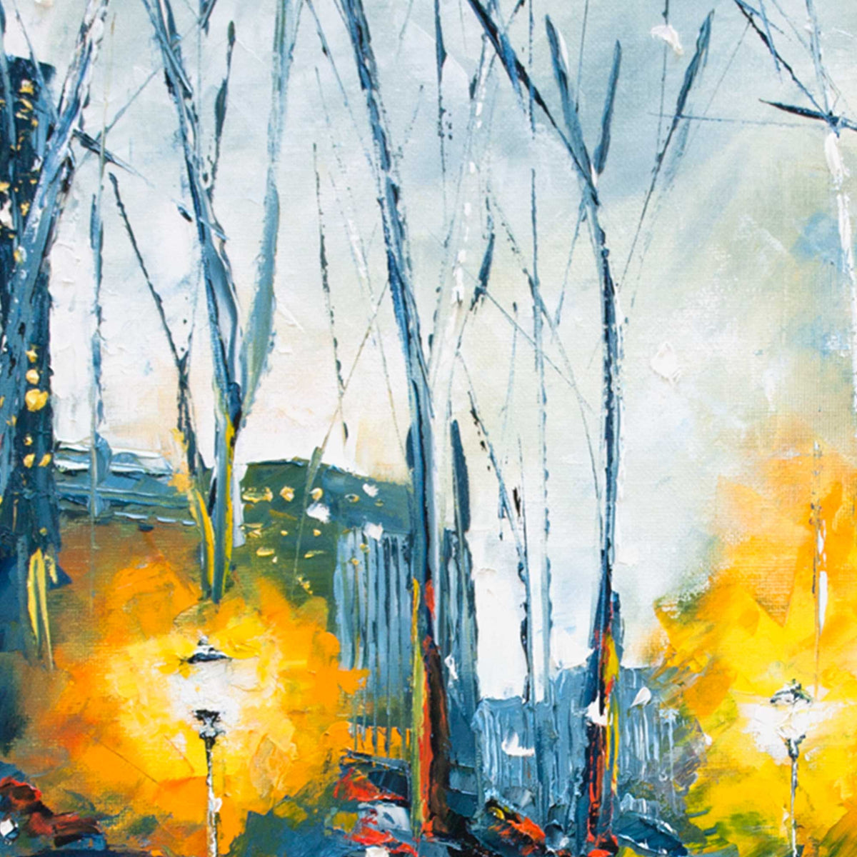 Close-up detail of city night canvas art showing brush texture and layered paint