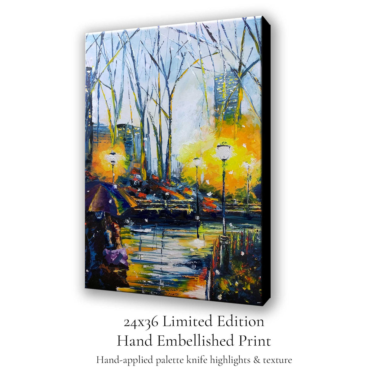 Hand-embellished limited edition city night canvas artwork by Nelson Ruger