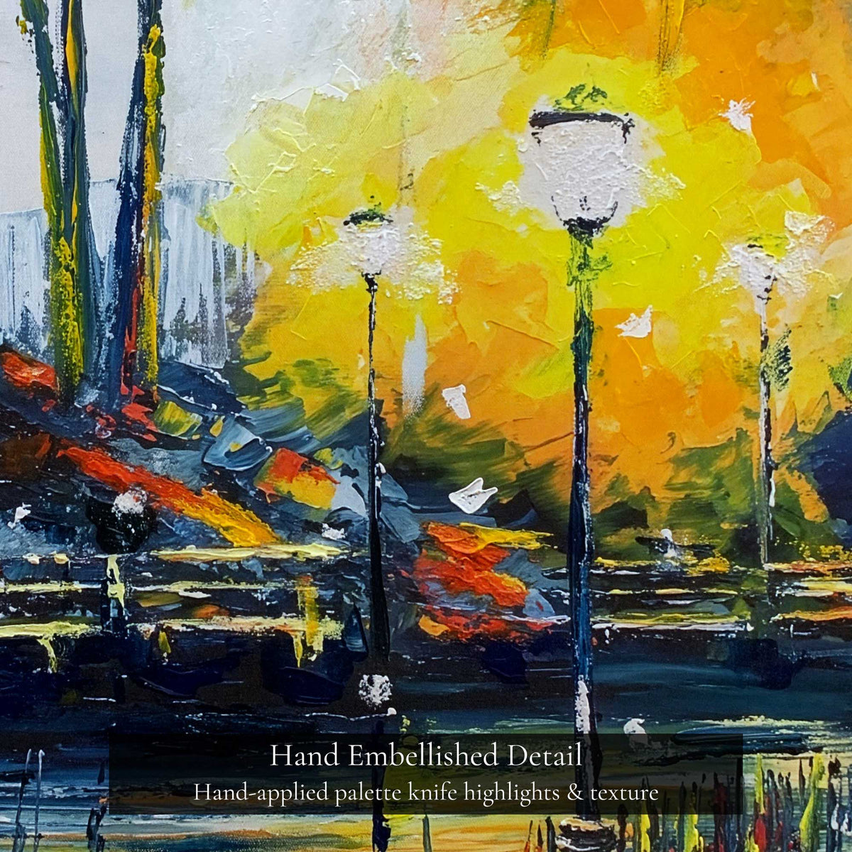 Hand-embellished city night canvas art with palette knife highlights and texture