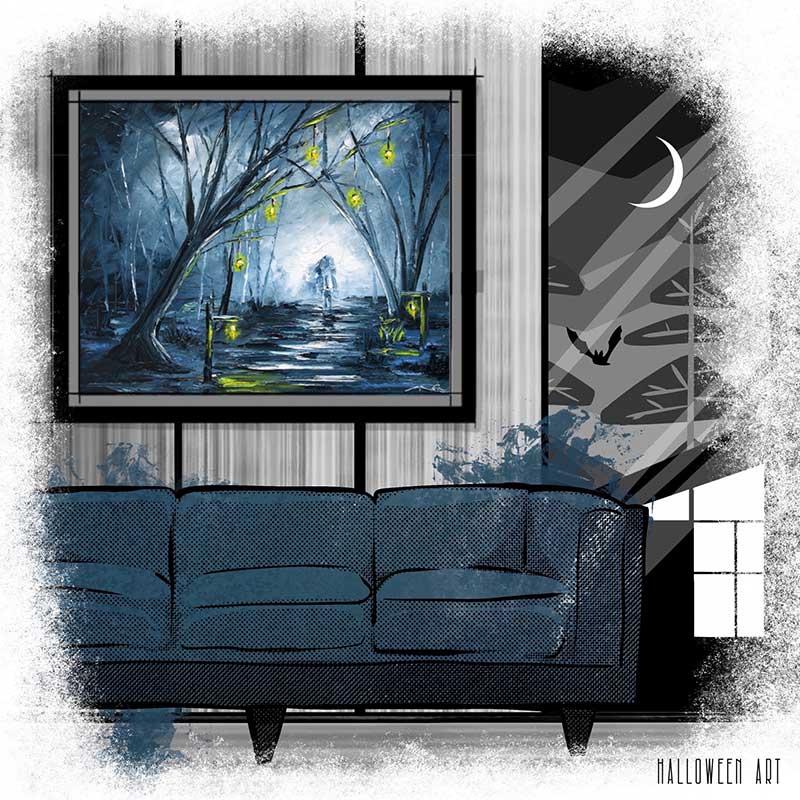 A painting of the Headless Horseman hangs in a Mid-century modern style living room commercial illustration. Spooky yet stylish home decor. 
