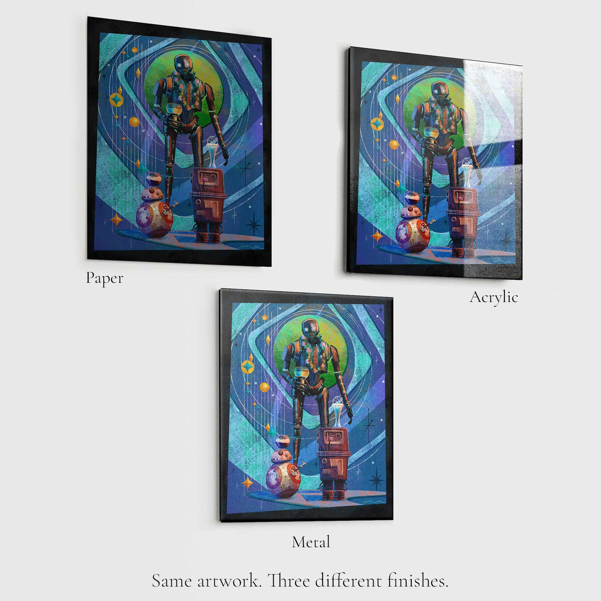 star wars droid squad artwork shown on paper acrylic and metal print surfaces for comparison