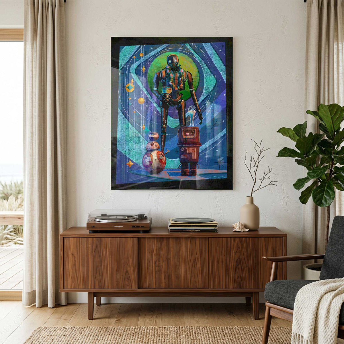star wars droid squad wall art in mid century modern living room with warm wood furniture and retro styling