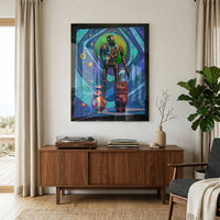 star wars droid squad wall art in mid century modern living room with warm wood furniture and retro styling