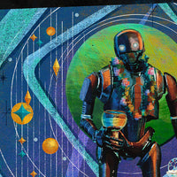 close up texture of retro sci fi droid squad art print with layered color and atomic age design elements