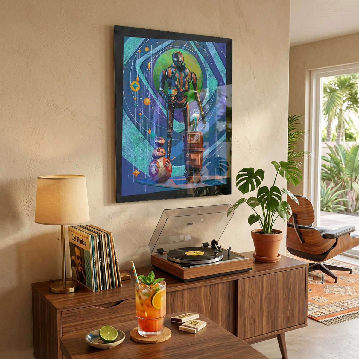 retro sci fi star wars droid squad art print displayed in modern interior with natural light and plants