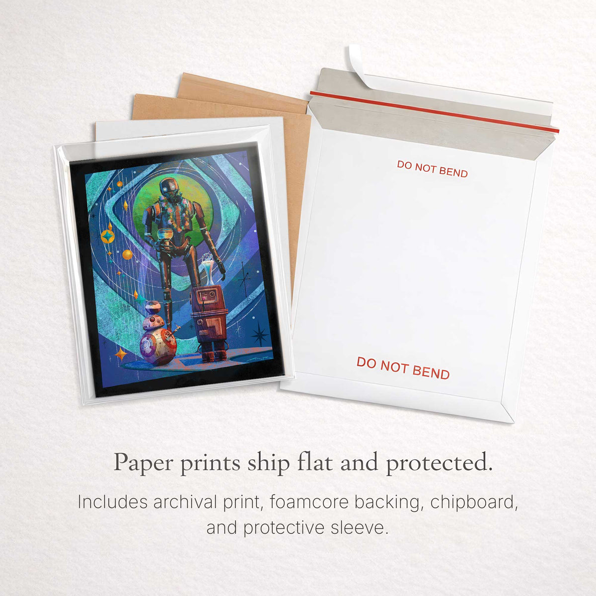 star wars droid squad art print packaged flat with protective sleeve chipboard and rigid mailer