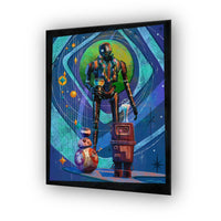 star wars droid squad mid century modern art print featuring K-2SO BB-8 and gonk droid in retro sci fi style