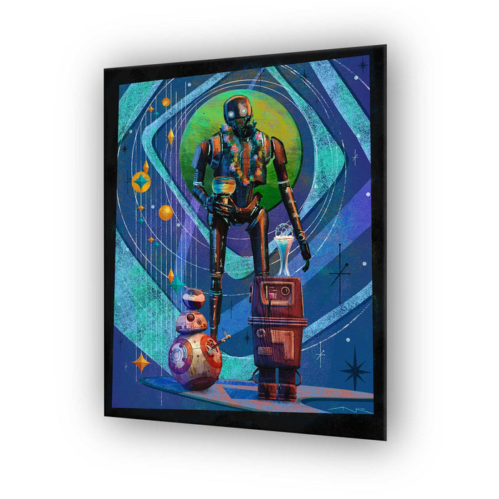 star wars droid squad mid century modern art print featuring K-2SO BB-8 and gonk droid in retro sci fi style