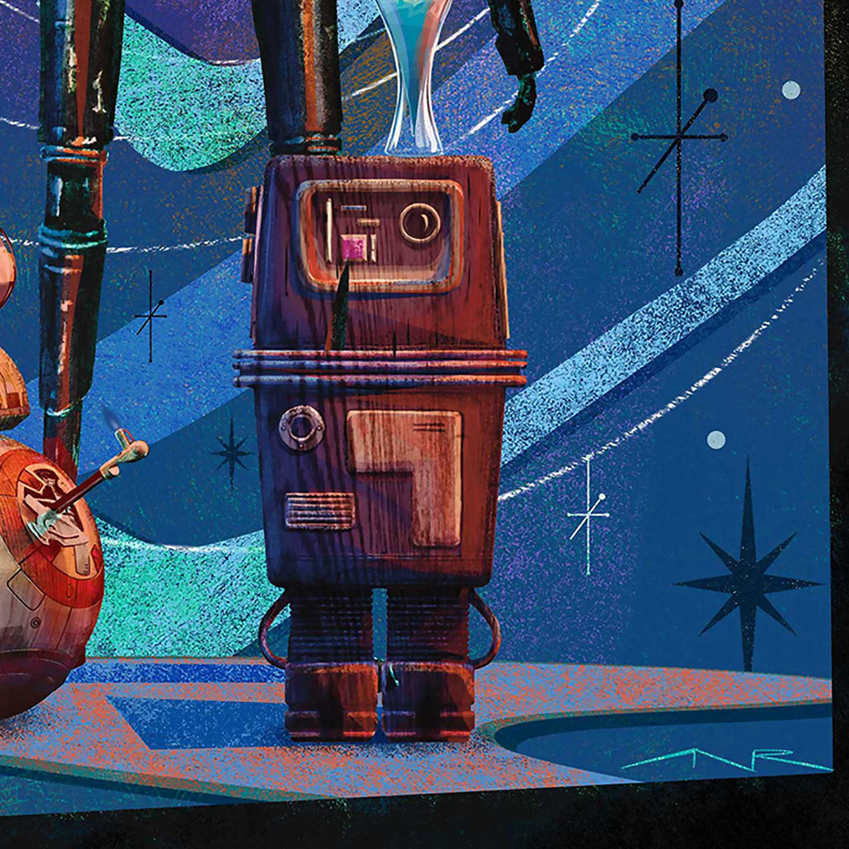 detailed close up of star wars droid squad artwork showing K-2SO BB-8 and gonk in mid century modern style