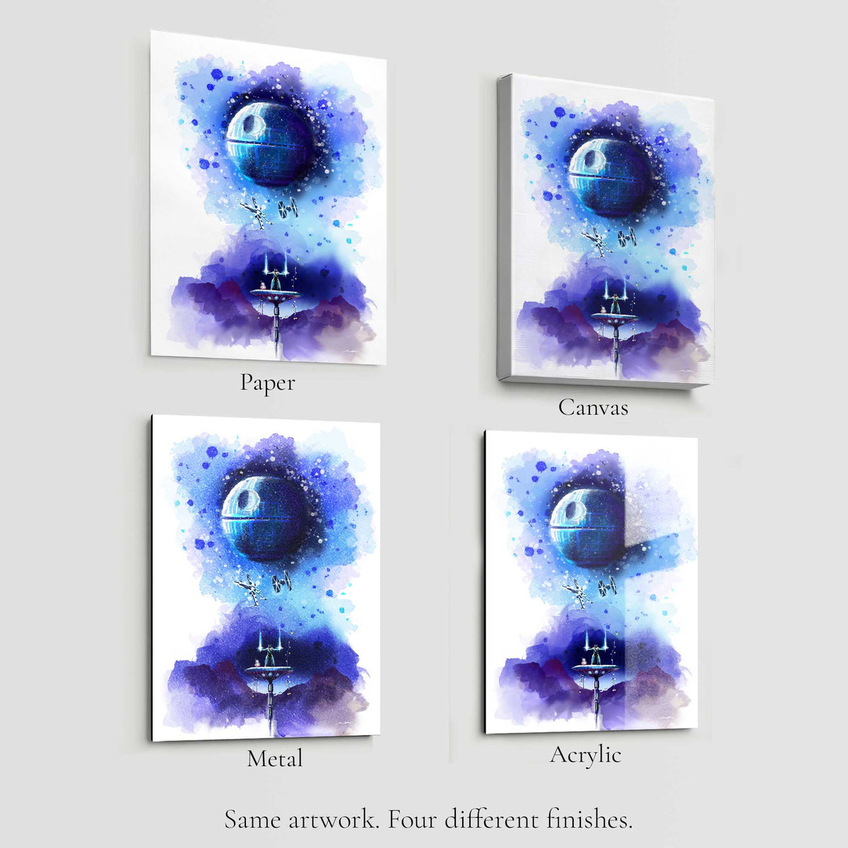 Comparison of Star Wars art print on paper, canvas, metal, and acrylic surfaces