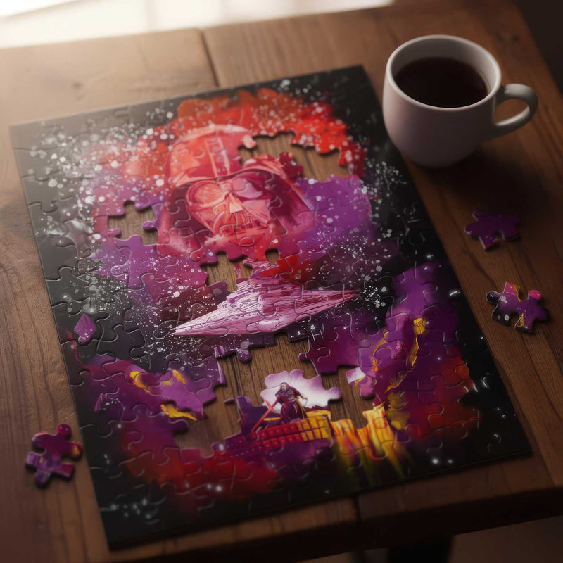 Star Wars inspired art puzzle partially assembled on a wooden coffee table with missing pieces and a mug nearby