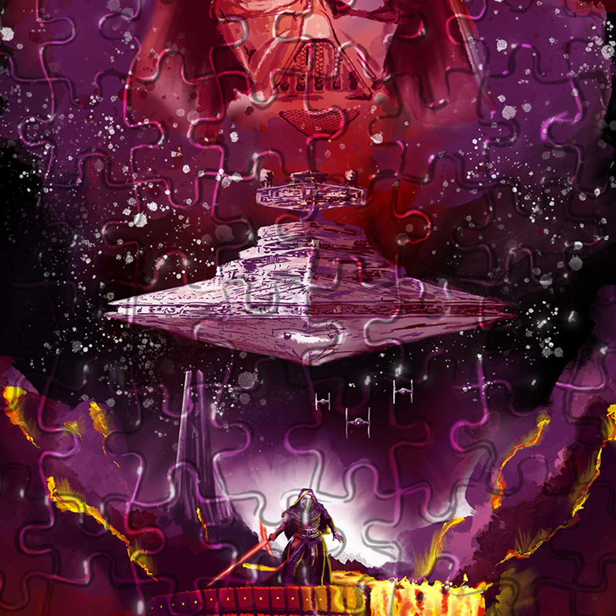 Close-up detail of Star Wars inspired art puzzle showing texture, color, and puzzle piece edges