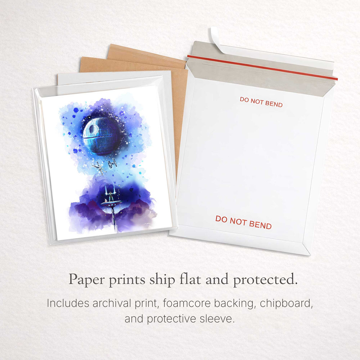Star Wars paper art print packaged flat with archival backing board, chipboard protection, and protective sleeve