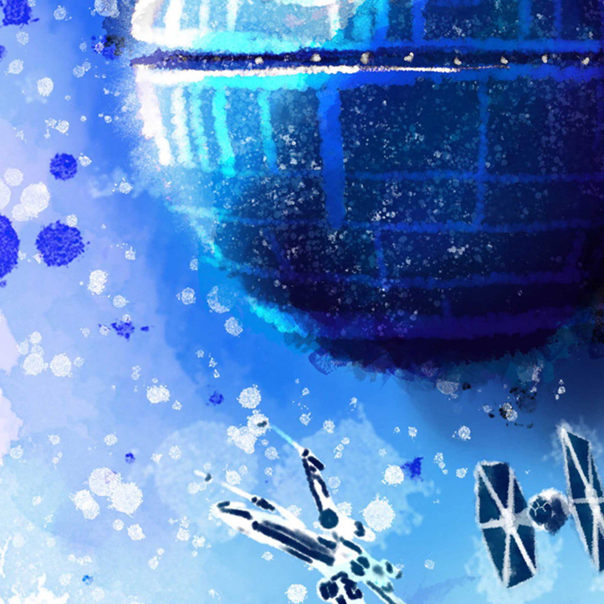 Close-up detail of watercolor starfighters and space textures